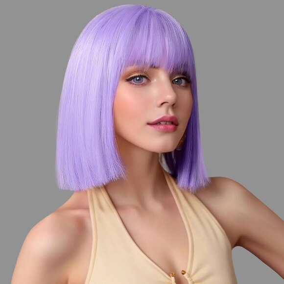 💫 Women Purple Short Bob Wigs Straight Bangs Lavender Synthetic Colorful Hair - Picture 1 of 6